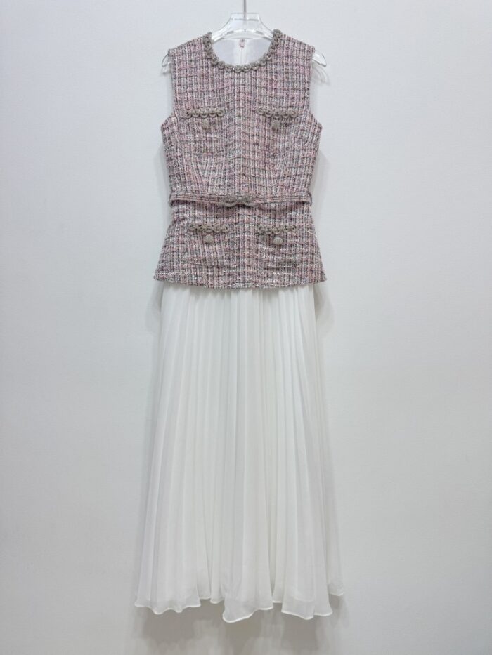 2025 Fall-Winter New Model: Red and Pink Mini Two-Layer Lace Dress with Round Neck, Sleeveless, Pleated, Long Skirt - Image 2