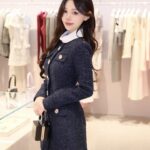 2025 Autumn-Winter New Model: Elegant and Stylish Lace-Trimmed Long Dress in Deep Navy Blue