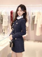 2025 Autumn-Winter New Model: Elegant and Stylish Lace-Trimmed Long Dress in Deep Navy Blue