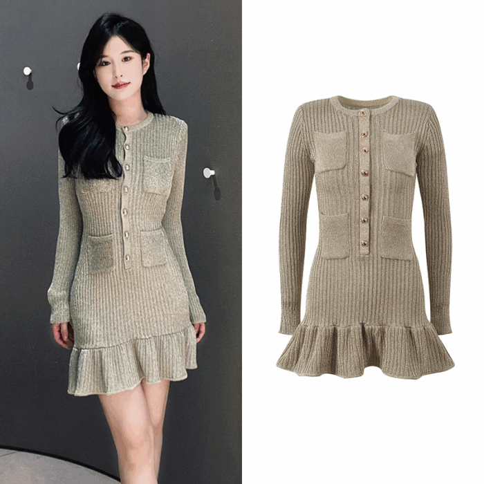 2025 autumn single breasted round neck cinched waist knitted long sleeved dress short skirt 5250311