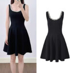 2025 Fall New French Chiffon Black Belted Beaded U-Neck Knit Vest Dress 5250428