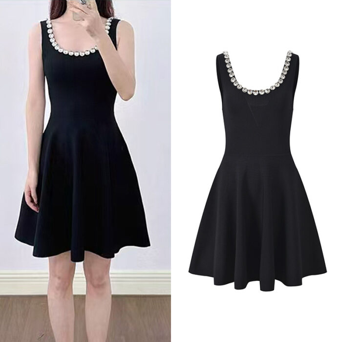 2025 Fall New French Chiffon Black Belted Beaded U-Neck Knit Vest Dress
