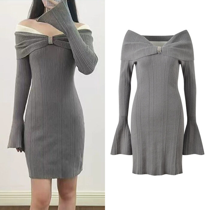 2025 autumn new design with contrasting color, one shoulder sexy temperament, fashionable slim fit and slimming trumpet sleeve dress