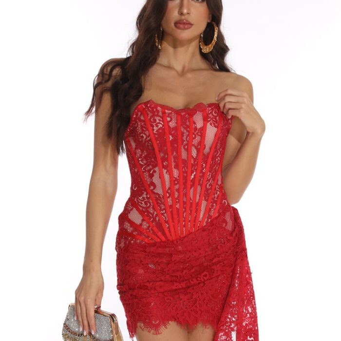 Christmas Dress For Women Red Lace Sexy Strapless Sleeveless Slim Supper Short Dress With Lace-Up