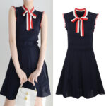 2025 Summer New Sleeveless Bow Thin Belt Contrast Knitted Skirt Women's Fashionable Waist Tight Fit Dress