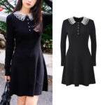 2025 Autumn New Pearl Decorative Doll Collar Twisted Flower Sweet Age Reducing Slimming and slimming A-line Dress