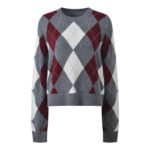 2025 autumn and winter new color contrasting diamond grid heavy industry hot stamping temperament fashionable and versatile short round neck knitted sweater sweater - Image 4
