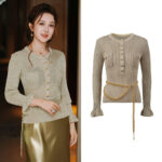 2025 Autumn New French Style Fashionable and Elegant Slim Fit Round Neck Single breasted Knitted Top with Waist Chain
