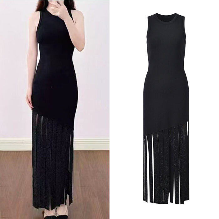 2025 autumn and winter new French fashion patchwork imitation diamond tassel skirt black sleeveless knitted vest dress