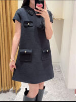 25 Autumn/Winter New French Fashionable Detachable Bead Square Collar Short Sleeve Coarse Floral Straight Tube Dress