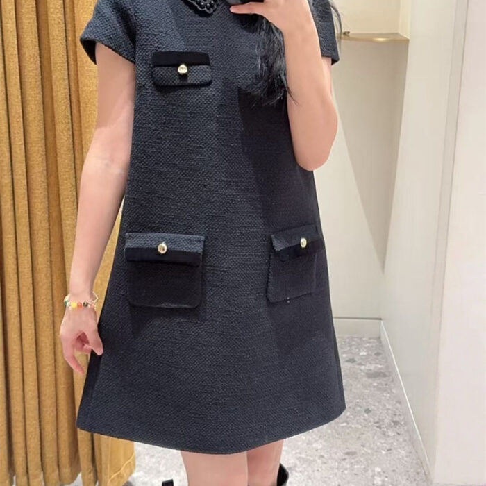 25 Autumn/Winter New French Fashionable Detachable Bead Square Collar Short Sleeve Coarse Floral Straight Tube Dress
