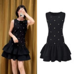 2024 autumn new heavy industry nail bead temperament fashionable slim fit and slimming black round neck sleeveless cake dress
