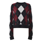 2025 autumn and winter new color contrasting diamond grid heavy industry hot stamping temperament fashionable and versatile short round neck knitted sweater sweater - Image 2