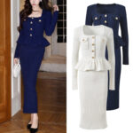 2025 autumn new French socialite light luxury square neck ruffle hem long sleeved goddess style elegant mid length skirt