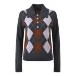 2025 autumn and winter new color contrasting diamond grid temperament fashionable age reducing and slimming versatile polo collar knitted sweater top - Image 2