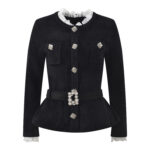 2025 Autumn/Winter New Lace Splicing Collar, Diamond Decoration, Button Style, Tailored and Slim, Black Top with Belt included - Image 2
