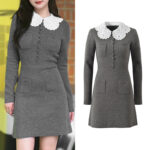 2025 autumn and winter new grey mixed color lace doll collar single breasted slim fit long sleeved knitted dress 5250446