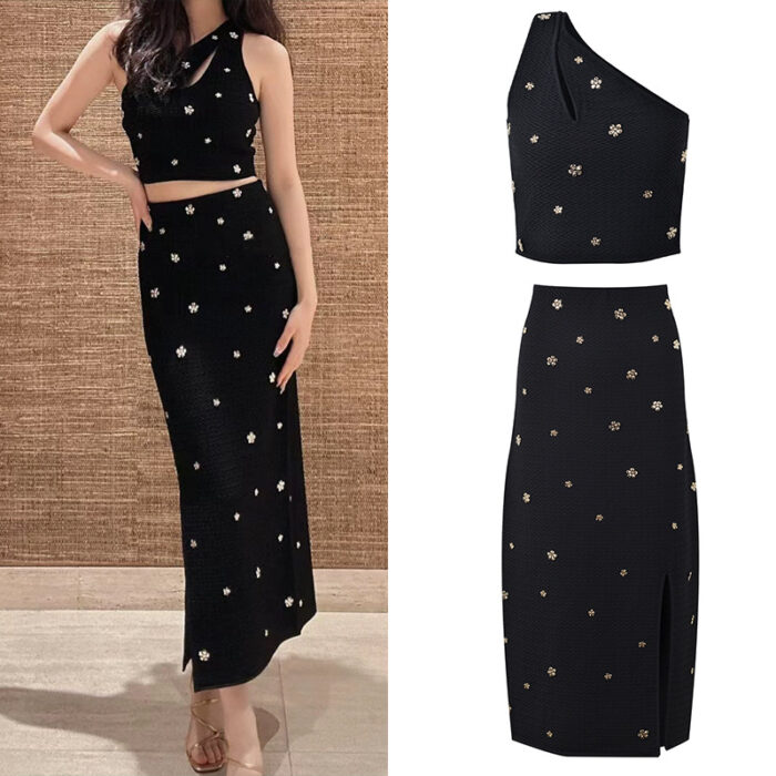 Small niche design floral pendant off shoulder tank top split high waisted skirt set 2024 summer new item