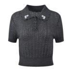 2025 autumn new collar flower embroidery slim fit slimming and age reducing fashion versatile short sleeved knitted T-shirt top - Image 2