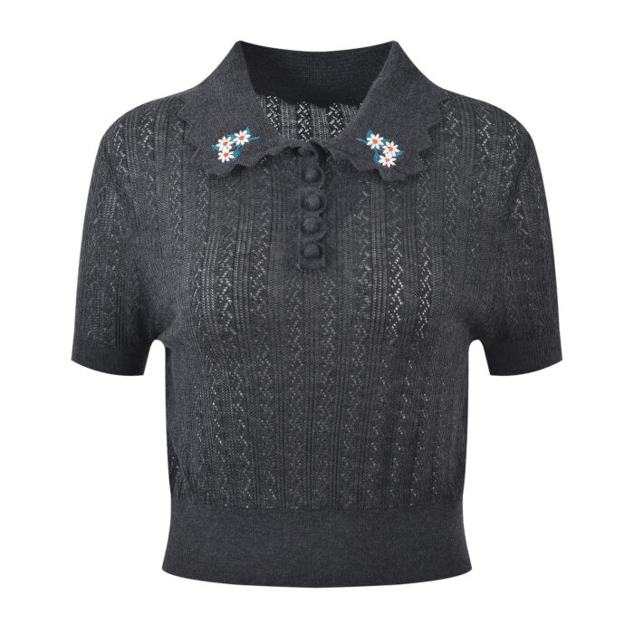 2025 autumn new collar flower embroidery slim fit slimming and age reducing fashion versatile short sleeved knitted T-shirt top