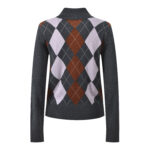 2025 autumn and winter new color contrasting diamond grid temperament fashionable age reducing and slimming versatile polo collar knitted sweater top - Image 3