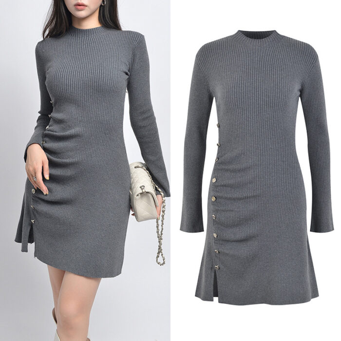 2025 Autumn New Fashion Design Irregular Side Split Fitted Long Sleeve Bodycon Knit Dress