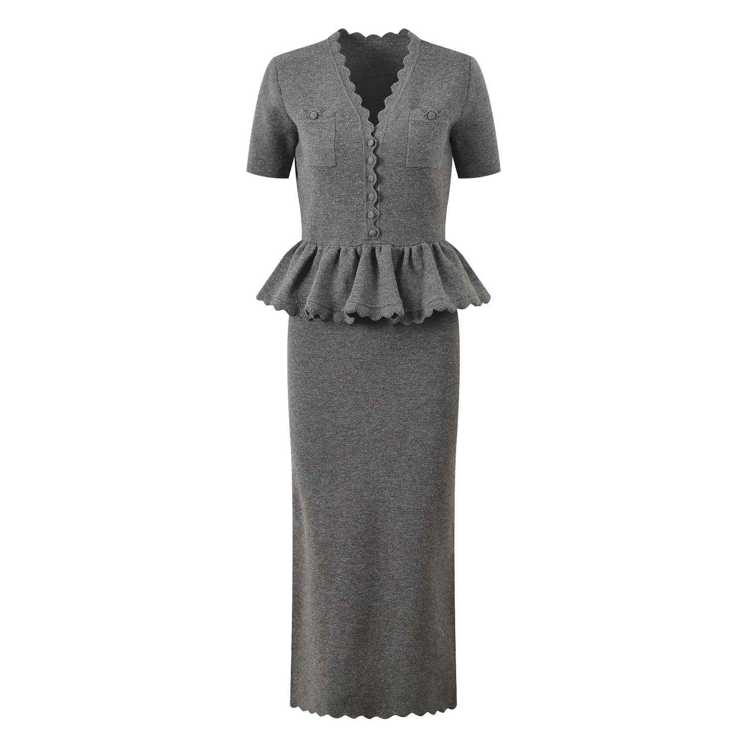 2025 autumn and winter new French style small fragrance V-neck single breasted short sleeved long skirt slim fit and slimming knitted dress - Image 2