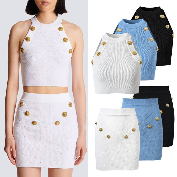 French style socialite elastic slimming set for summer 2025, new metal buckle vest+half skirt