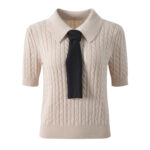 Autumn and winter 2025 new polo collar tie hemp pattern fashion age reducing gentle style short sleeve sweater top - Image 2
