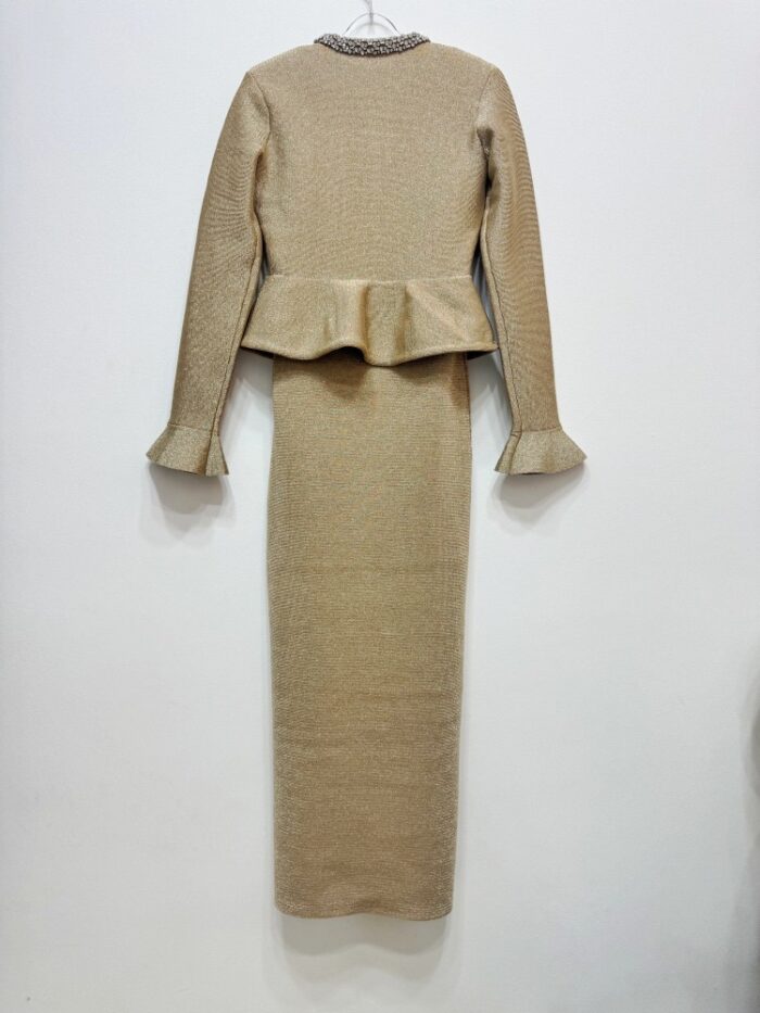Star-studded Little Black Dress with a Princess Aura, Women's Body-Slimming Long Sleeve Gold Knit Dress with a Fake Two-Piece Design - Image 3