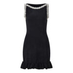 2025 Fall/Winter New French Black Beaded Leaf Trim High-Low Hemline Bodycon Sleeveless Knit Dress 5250422 - Image 2
