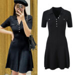2024 early spring new French style black V-neck waist cinching slimming pocket decoration knitted dress short skirt