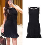 2025 Fall/Winter New French Black Beaded Leaf Trim High-Low Hemline Bodycon Sleeveless Knit Dress 5250422