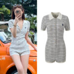 2025 Spring/Summer New Polo collar single breasted contrasting stripes slim fit short sleeved knitted jumpsuit