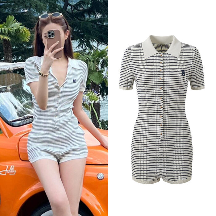 2025 Spring/Summer New Polo collar single breasted contrasting stripes slim fit short sleeved knitted jumpsuit