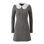 2025 autumn and winter new grey mixed color lace doll collar single breasted slim fit long sleeved knitted dress 5250446 - Image 2