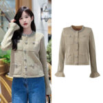 2025 Autumn/Winter New Light Luxury Diamond Jewelry Round Neck Four Pocket Design Fashionable and Versatile Horn Sleeve Top Coat