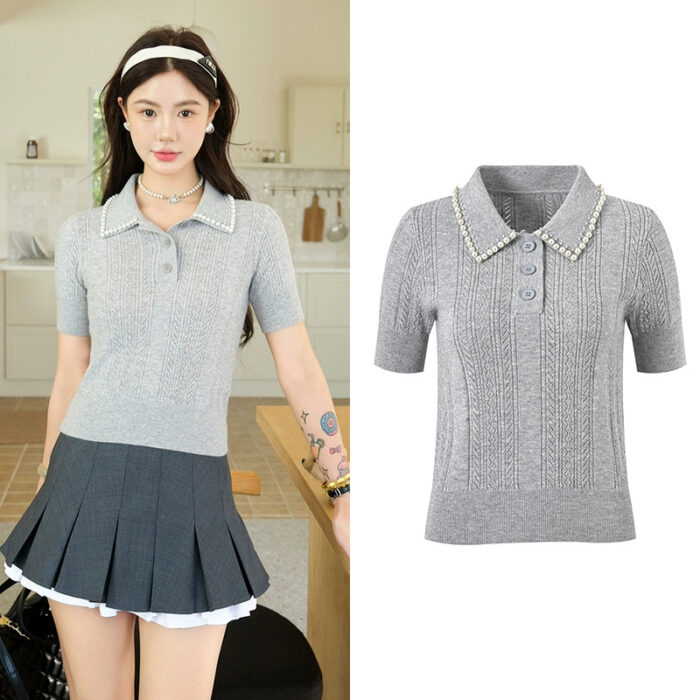 Niche Design Pearl Bordered Polo Collar Jacquard Top 2024 Summer/Autumn Stylish Aging Knitted Short Sleeve