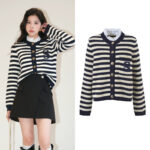 2025 autumn and winter new gentle style sweet and age reducing design sense contrasting stripes detachable lace collar top