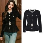 2025 Autumn/Winter New Lace Splicing Collar, Diamond Decoration, Button Style, Tailored and Slim, Black Top with Belt included