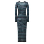 2025 autumn/winter new fashionable commuting round neck contrasting striped long sleeved waist slimming knitted dress - Image 3