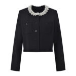 French socialite Xiaoxiangfeng heavy industry pearl collar temperament elegant and fashionable slimming top+half skirt black suit - Image 2