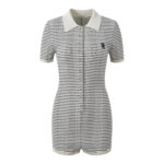 2025 Spring/Summer New Polo collar single breasted contrasting stripes slim fit short sleeved knitted jumpsuit - Image 2