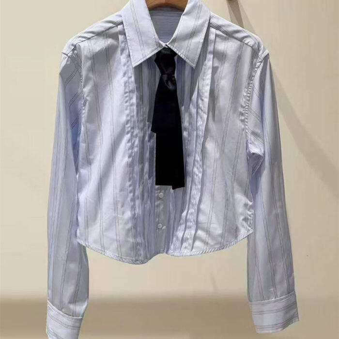 French niche 25 autumn/winter college style contrasting color lace up stripes long sleeved short shirt top for women