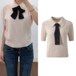 Autumn and winter 2025 new polo collar tie hemp pattern fashion age reducing gentle style short sleeve sweater top