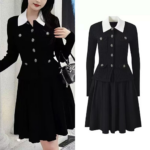 Qianjin style black lapel diamond embellished knitted dress, women's new style mid Dresses