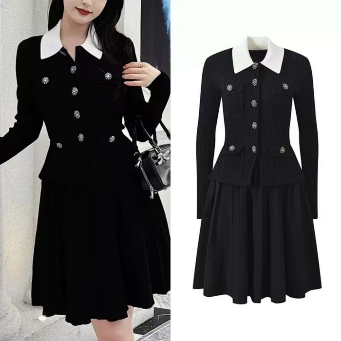 Qianjin style black lapel diamond embellished knitted dress, women's new style mid Dresses