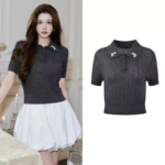 2025 autumn new collar flower embroidery slim fit slimming and age reducing fashion versatile short sleeved knitted T-shirt top