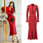 2026 early spring new heavy industry nail bead V-neck wine red trumpet sleeve slim fit slimming long knitted dress