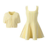 2026 early spring new small fragrance style yellow and white striped round neck short sleeved top, slim fit and slimming camisole dress set